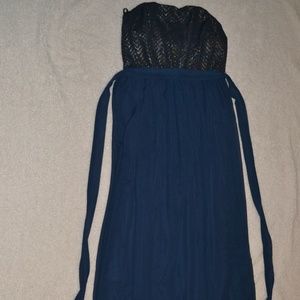 navy blue w/ gold, copper & silver strapless dress